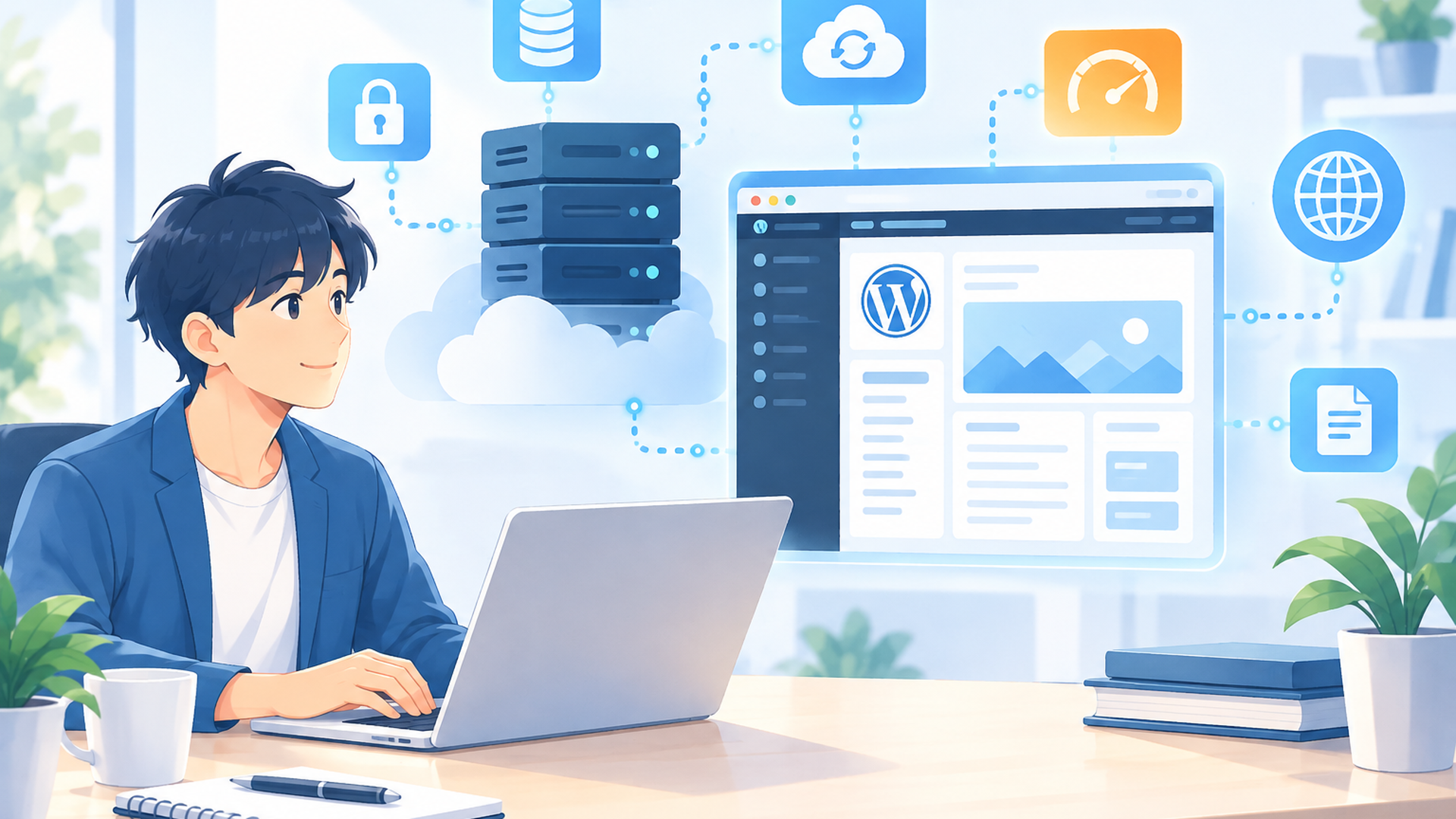 WordPressブログを運営するためのサーバー機能と管理画面のイメージ